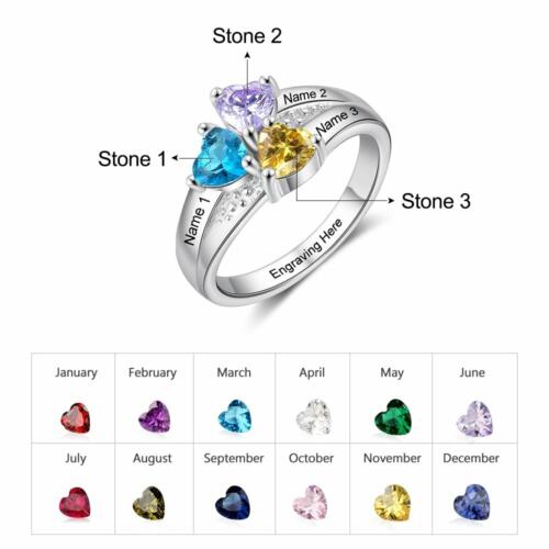 925 Sterling Silver 2 Heart Birthstone Ring Personalized with Custom Engrave Names for Her