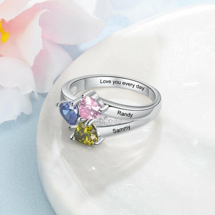 Engraved Customized Name Ring with 3 Heart Shaped Birthstones