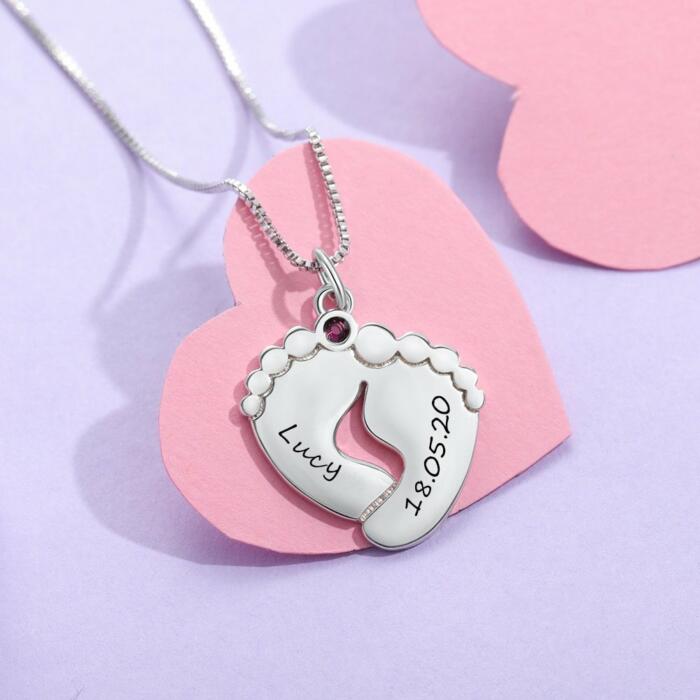 Baby Feet Name Necklace with Birthstone Gift for Mother