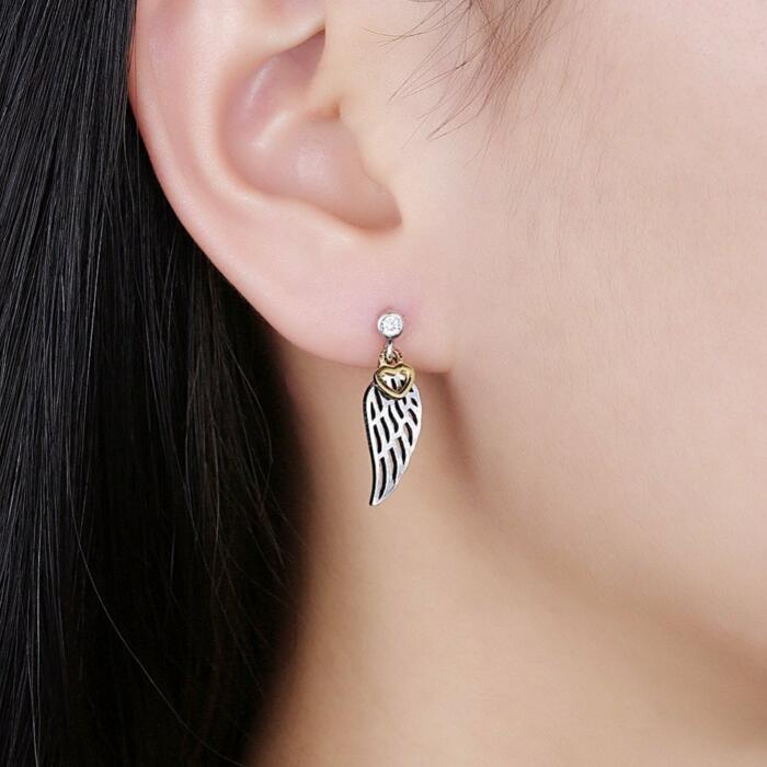 Wing Hollow Design Heart Shape 925 Sterling Silver Dangle Earrings