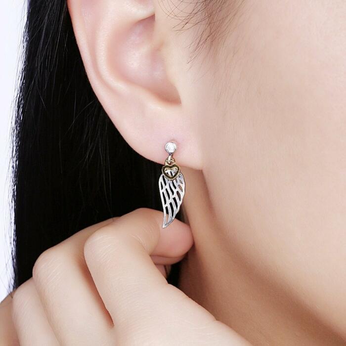 Wing Hollow Design Heart Shape Sterling Silver Dangle Earrings