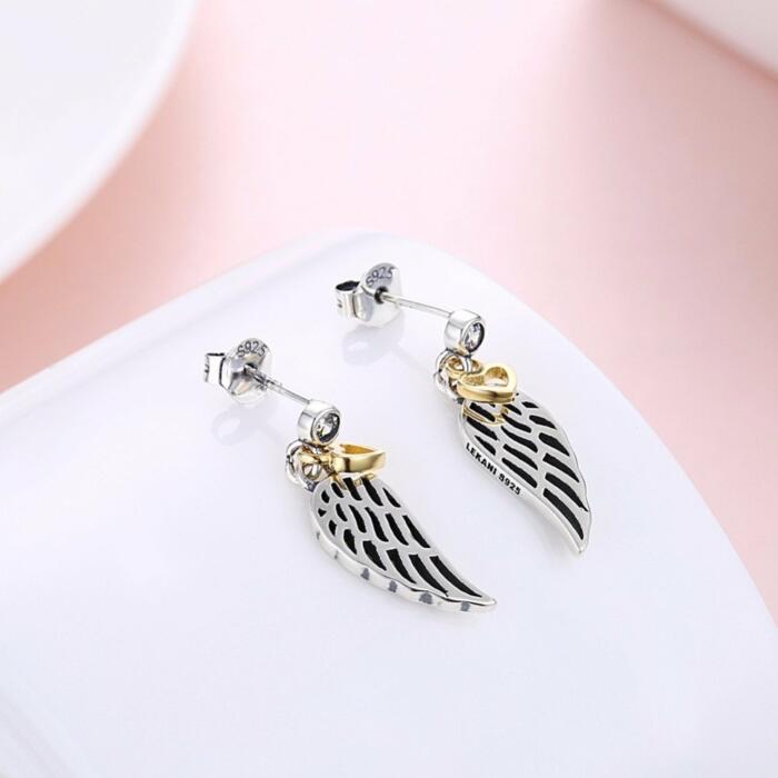 Wing Hollow Design Heart Shape Sterling Silver Dangle Earrings