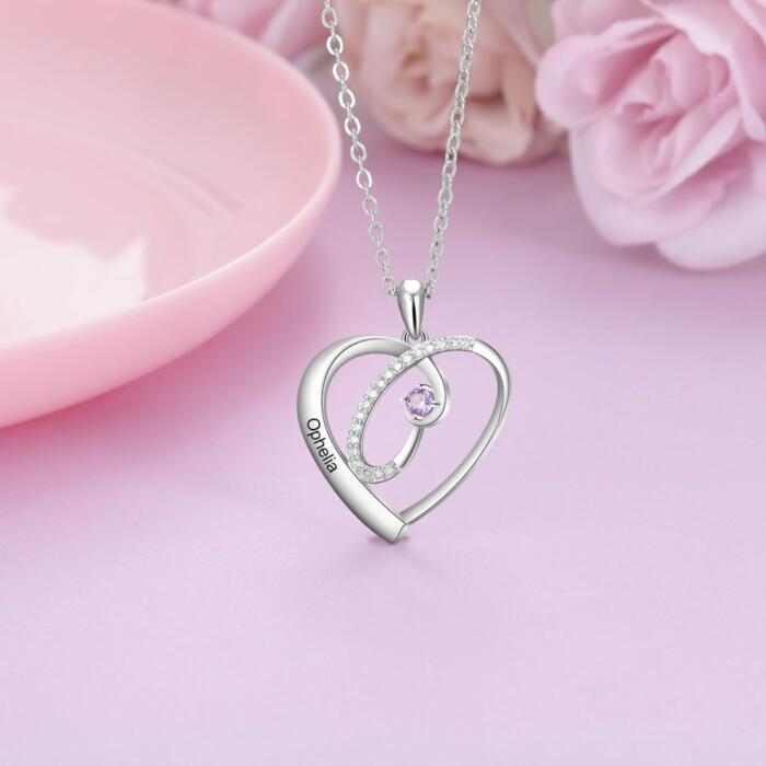 Heart Pendant Name Engraved Necklace with Birthstone