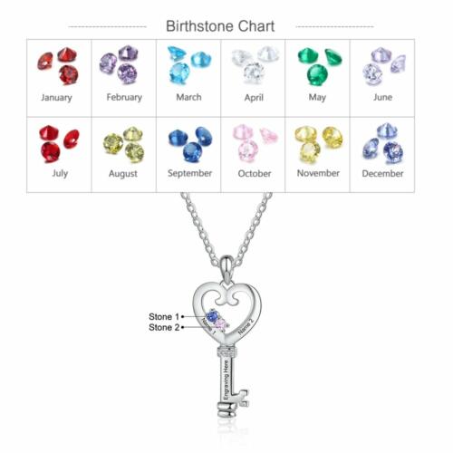 Personalized Heart Name Engraved Necklace with 4 Birthstones