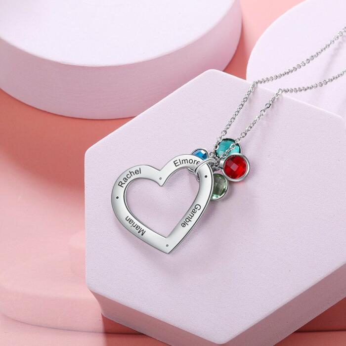 Personalized Heart Name Engraved Necklace with 4 Birthstones