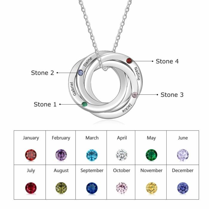 Personalized Intertwined Circle Kid Names Engraved Necklace with 4 Birthstones
