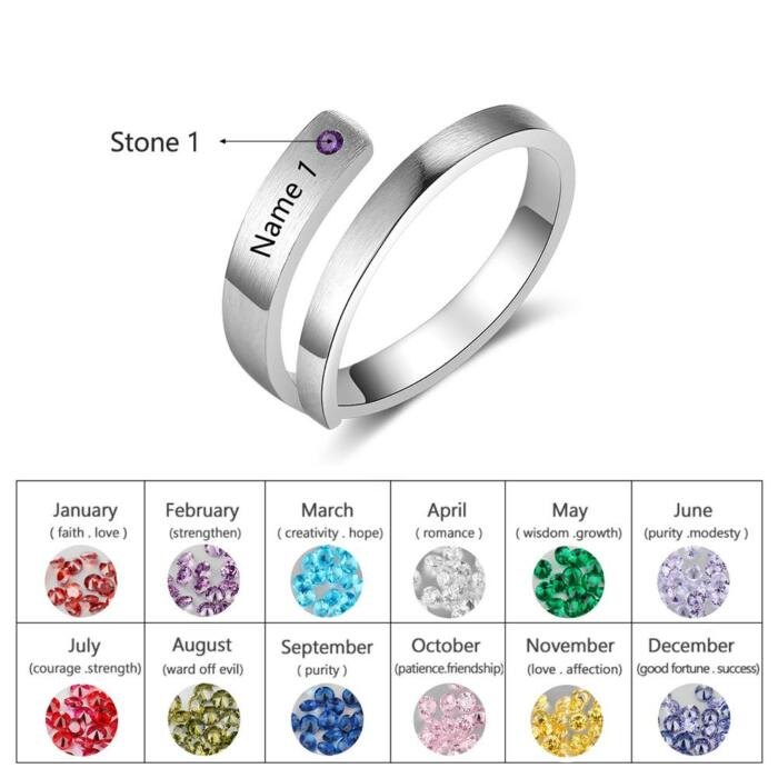 Personalized Silver Ring - One Custom Name - One Custom Birthstone