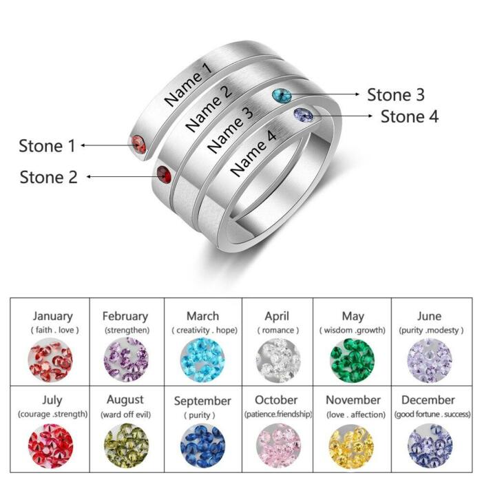 Personalized Ring - Four Custom Names - Four Custom Birthstones