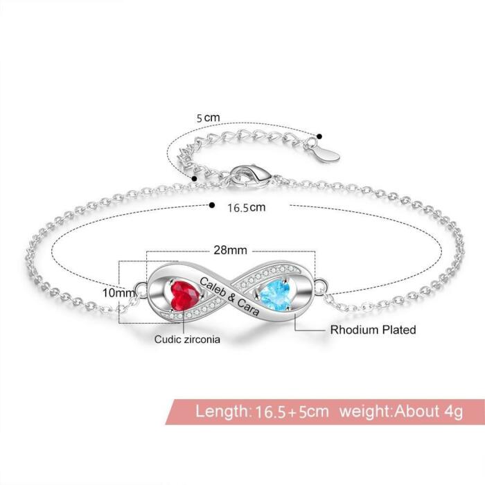 Infinity Diamond Sterling Silver Bracelet - 2 Custom Names & Birthstones