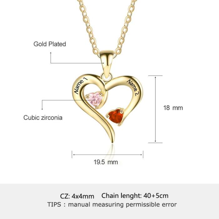 Gold Sterling Silver Necklace - Heart Shaped With Two Birthstone and Two Name Engraving