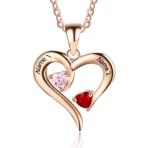 Rose Gold Sterling Silver Necklace - Heart Shaped With Two Birthstones and Two Names Engraving