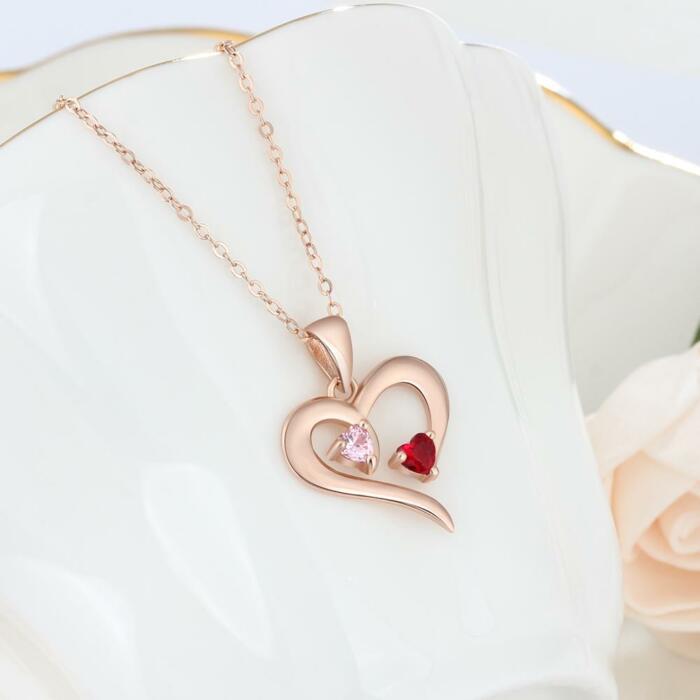 Rose Gold 925 Sterling Silver Necklace - Heart Shaped With Two Birthstone and Two Name Engraving For Mother's Day