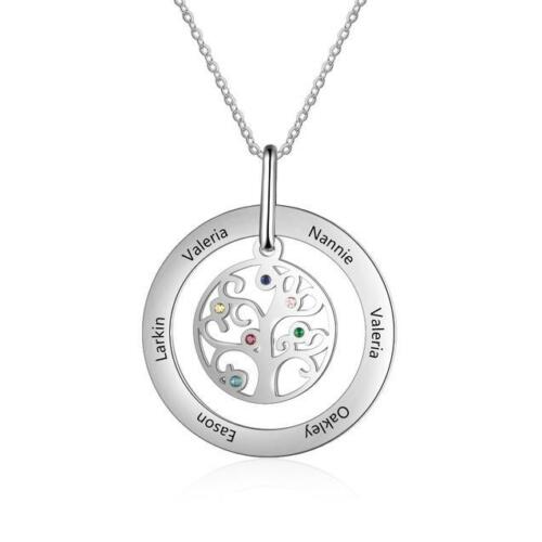Personalized Stainless Steel Tree Of Life 6 Names & Birthstones Engraved Pendant Necklace, Fashion Jewelry Gift for Women