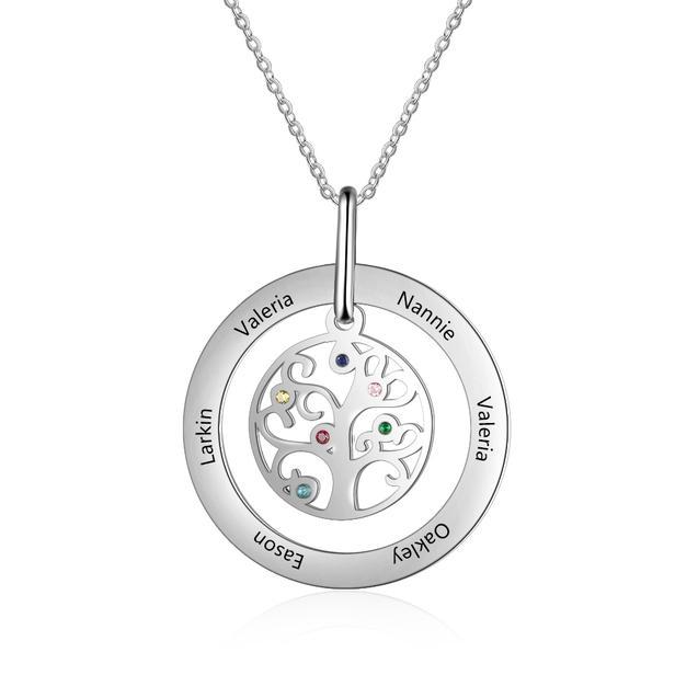 Personalized Tree Of Life 6 Names & Birthstones Engraved Pendant Necklace