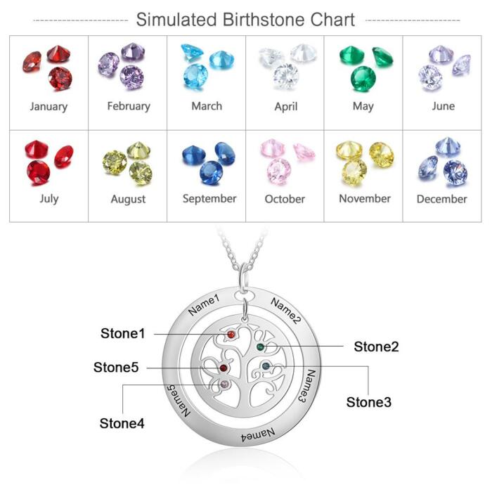Personalized Tree of Life Necklace - Stainless Steel - Five Custom Names - Five Custom Birthstones - Customized Gifts