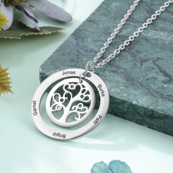 Personalized Tree of Life Necklace - Stainless Steel - Five Custom Names - Five Custom Birthstones - Customized Gifts
