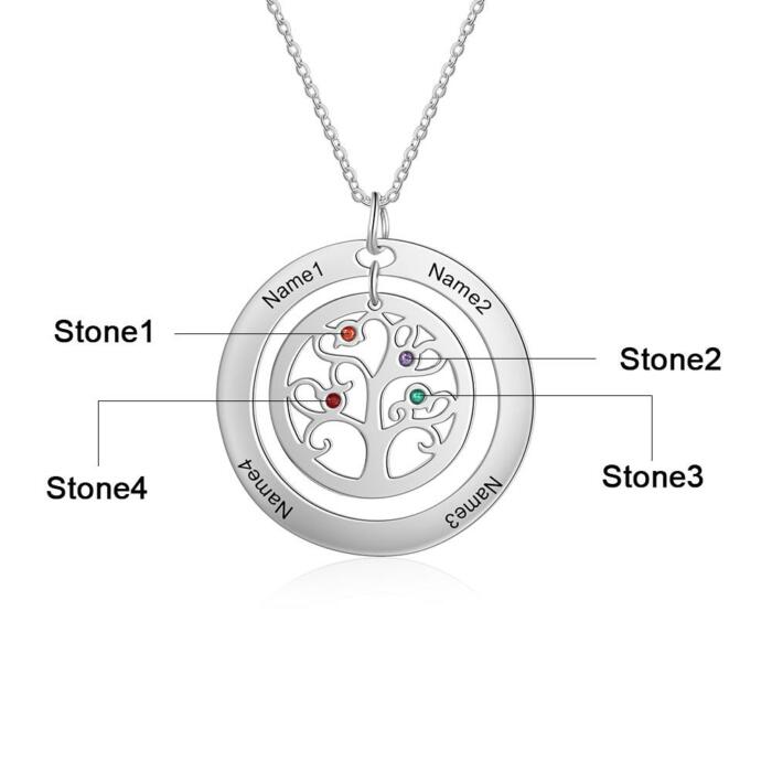 Personalized Stainless Steel Tree Of Life 4 Names & Birthstones Engraved Pendant Necklace, Fashion Jewelry Gift for Women