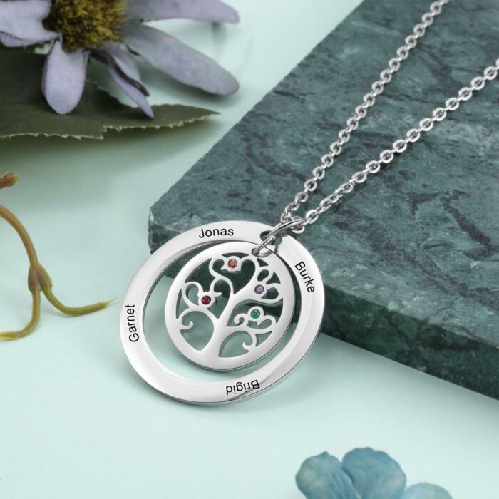 Personalized Tree Of Life 4 Names & Birthstones Engraved Pendant Necklace
