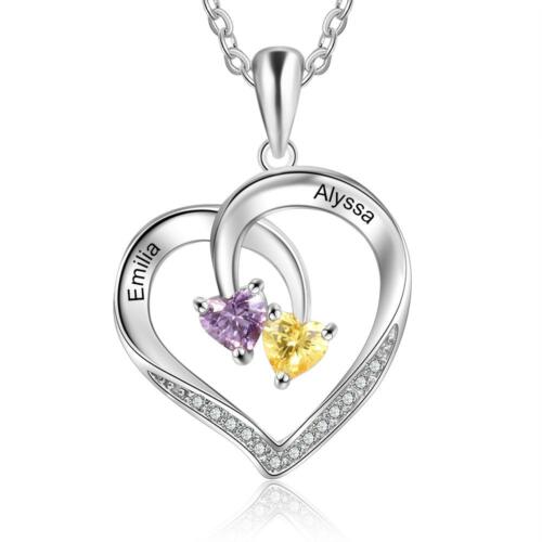 Personalized 925 Silver Sterling Necklace - Interlocking Double Birthstone and Name Heart For Mother's Day