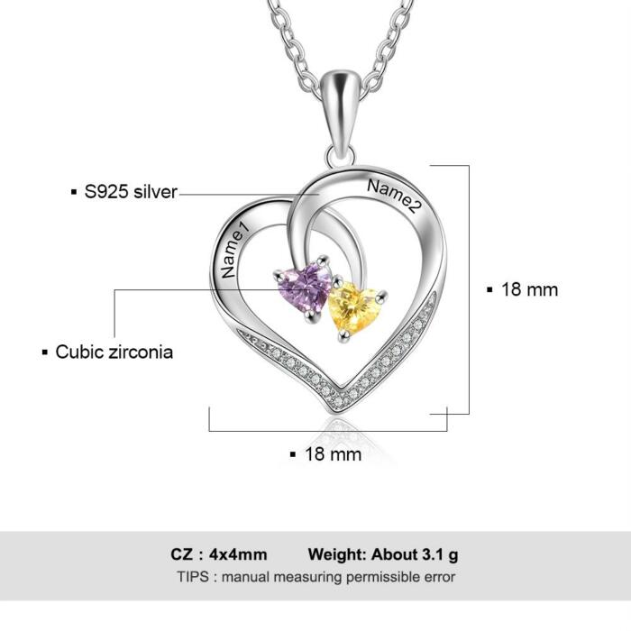 Personalized 925 Silver Sterling Necklace - Interlocking Double Birthstone and Name Heart For Mother's Day