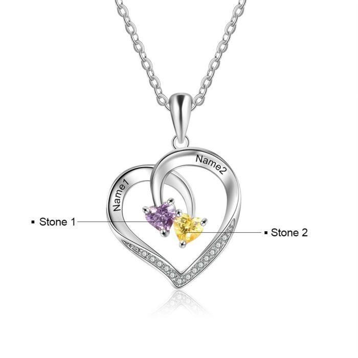 Personalized 925 Silver Sterling Necklace - Interlocking Double Birthstone and Name Heart For Mother's Day