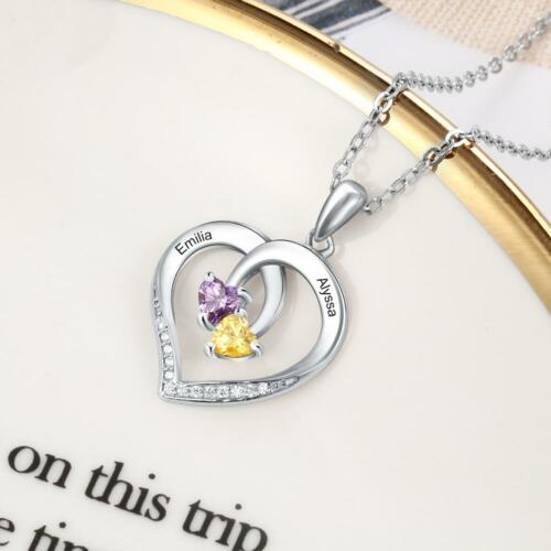 925 Sterling Silver Heart Necklace for Women, Two Customized Birthstones & Engraving Heart Pendant