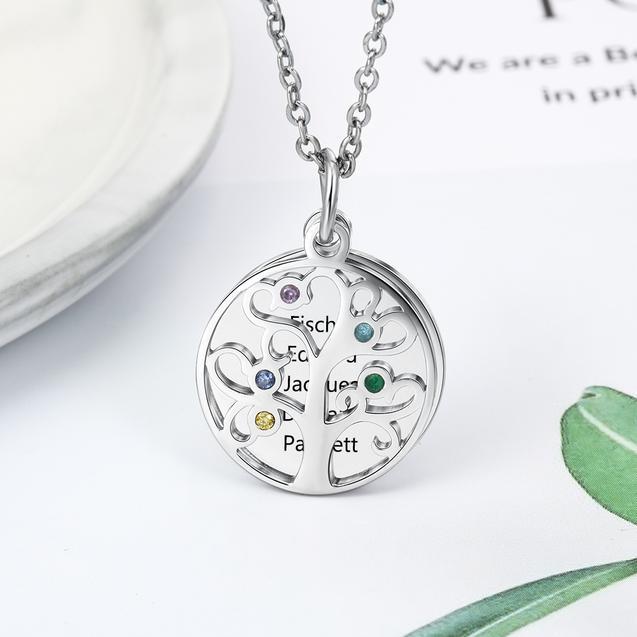 Personalized Necklace - Engraved Five Custom Names & Birthstones - Family Tree Pendant