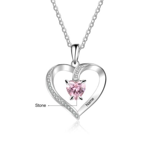 Personalized 925 Sterling Silver Engraved Name Heart Birthstone Pendant Necklace, Jewelry for Women