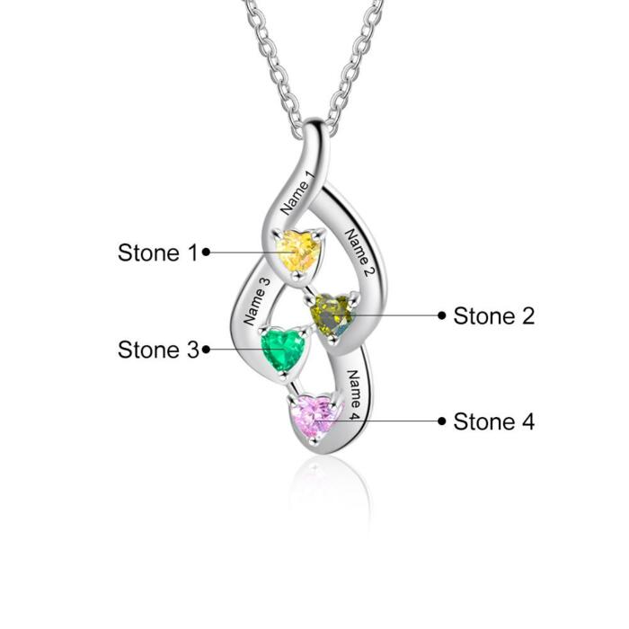 925 Sterling Silver Necklace - Interlocking Four Birthstone and Four Name Engraving For Mother's Day