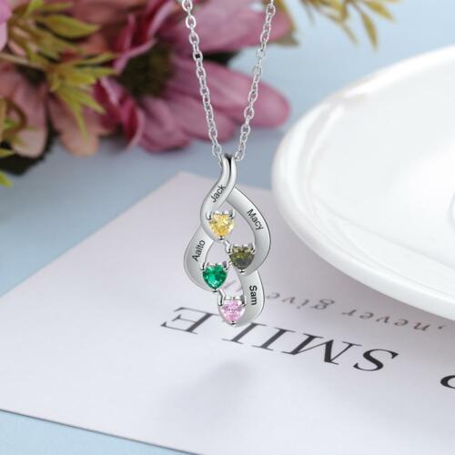 Gold 925 Sterling Silver Necklace - Heart Shaped With Two Birthstone and Two Name Engraving For Mother's Day
