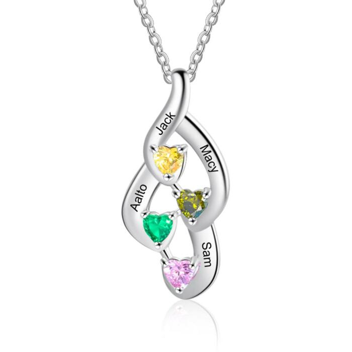 925 Sterling Silver Necklace - Interlocking Four Birthstone and Four Name Engraving For Mother's Day