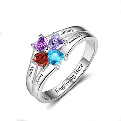 Personalized Sterling Silver Ring - Personalized 4 Birthstones and 4 Name Engraving Ring