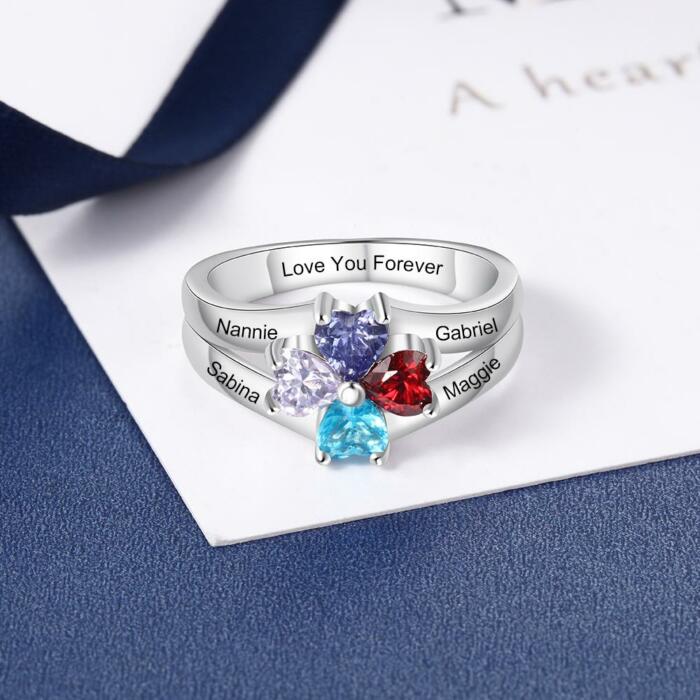 Personalized 925 Sterling Silver Ring - Four Birthstone Four Names and One Engraving For Mother's Day