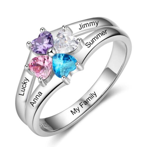 Personalized 925 Sterling Silver Ring - Four Birthstone Four Names and One Engraving For Mother's Day
