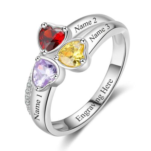 Personalized 925 Sterling Silver Ring - Three Birthstone Three Names and One Engraving For Mother's Day