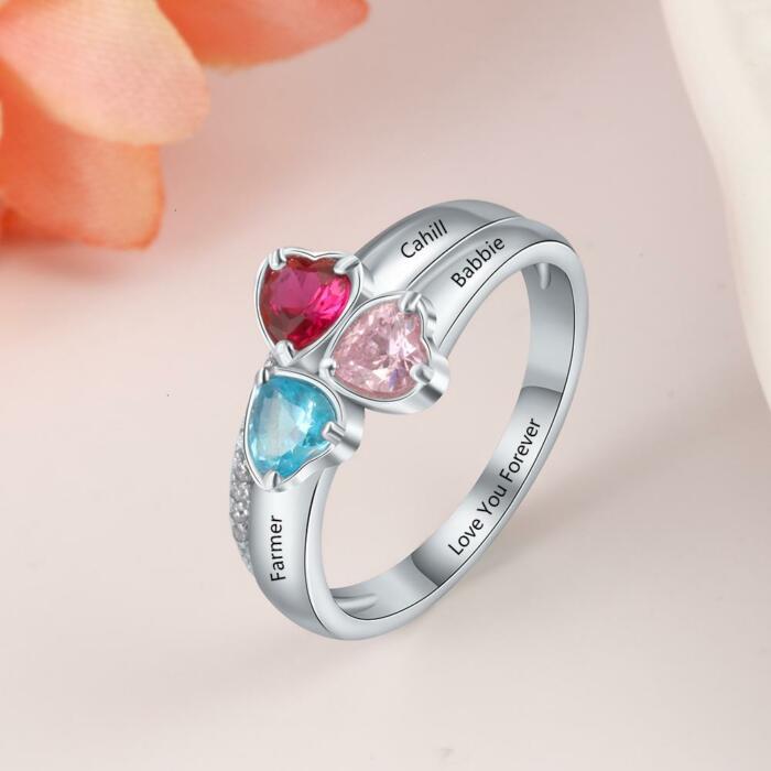 Personalized 925 Sterling Silver Ring - Three Birthstone Three Names and One Engraving For Mother's Day