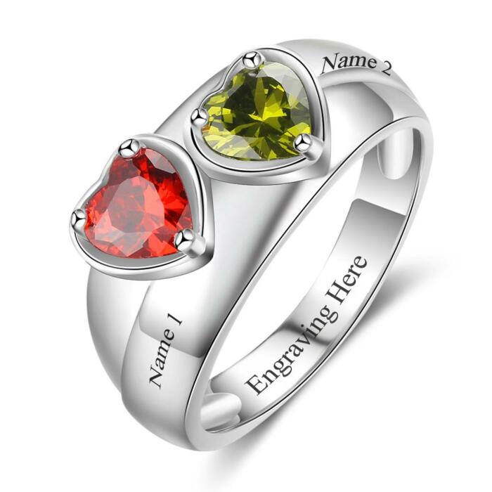 Personalized Sterling Silver Ring – Custom Heart Birthstones – Engraved 2 Texts