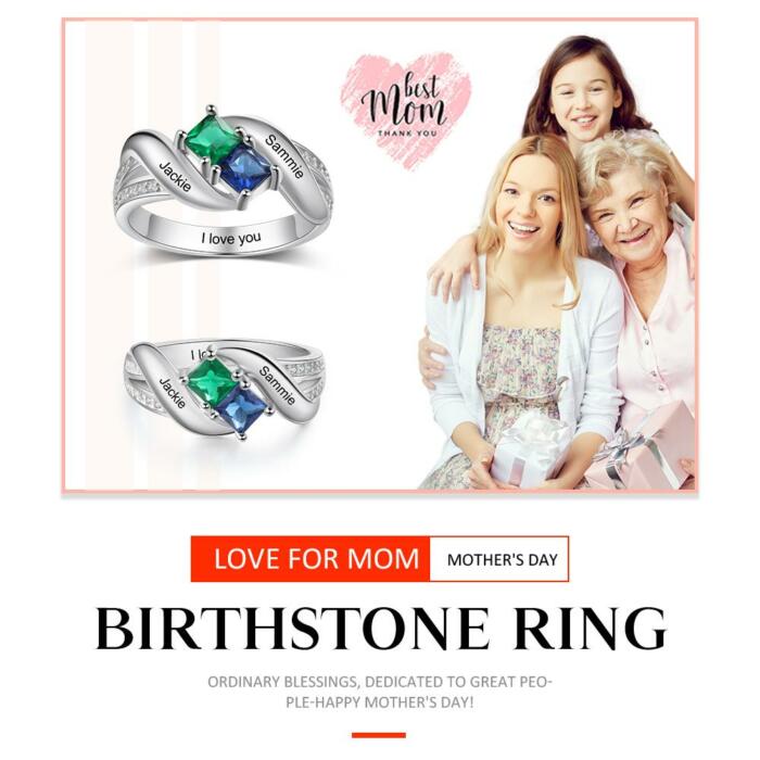 Personalized 925 Sterling Silver Ring - Two Birthstone Two Names and One Engraving For Mother's Day
