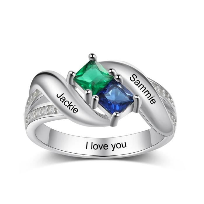 Personalized 925 Sterling Silver Ring - Two Birthstone Two Names and One Engraving For Mother's Day