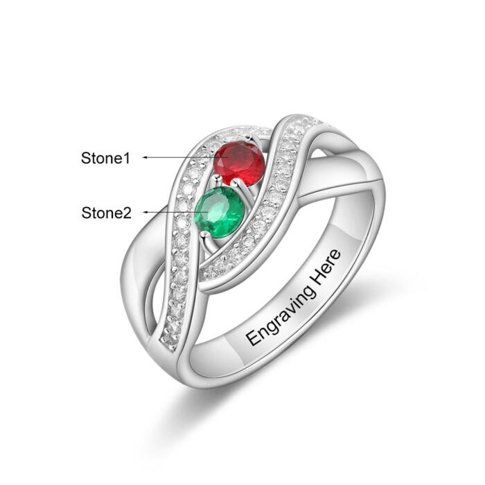 Personalized 925 Sterling Silver Ring - Two Birthstone and One Engraving For Mother's Day