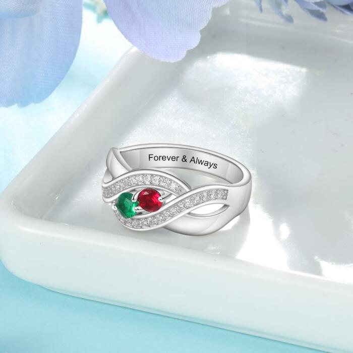 Personalized 925 Sterling Silver Ring - Two Birthstone and One Engraving For Mother's Day