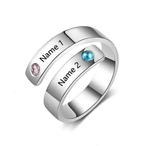 Personalized Silver Ring - Two Custom Names - Two Custom Birthstones