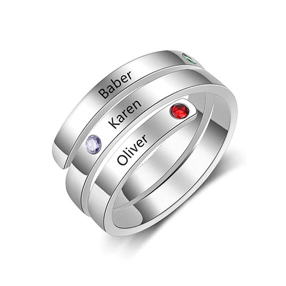 Personalized Silver Ring - Three Custom Names - Three Custom Birthstones - Customized Gifts