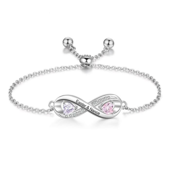 Adjustable Infinity Diamond Sterling Silver Bracelet - 2 Custom Names & Birthstones