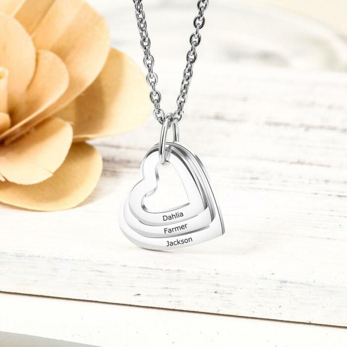 Hollow Heart Sterling Silver Necklace - 3 Custom Names