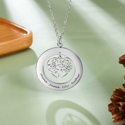 Personalized 925 Silver Sterling Necklace with Tree of Life Name Engrave Pendant, Siblings & Family Gift