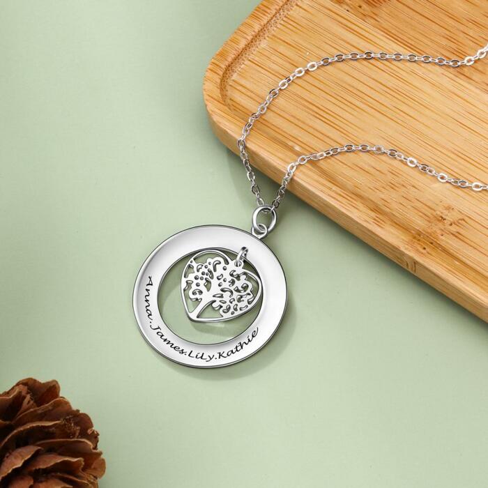 Personalized 925 Silver Sterling Necklace with Tree of Life Name Engrave Pendant, Siblings & Family Gift
