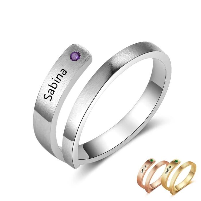 Personalized Stainless Steel Adjustable Wrap Rings for Women – Engrave Name & Customize Birthstone, 3 Color Options