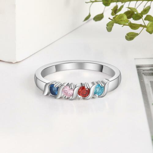 Personalized 925 Sterling Silver Promise Ring - Customize Cubic Zirconia Birthstones & Engrave Name - On-Trendy Fashion Jewelry Gift - 4 Heart Birthstones Custom Family Band - Suitable To All Women