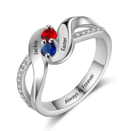 Personalized Sterling Silver Ring - Engrave One Special Phrase - Two Custom Names & Two Custom Birthstones